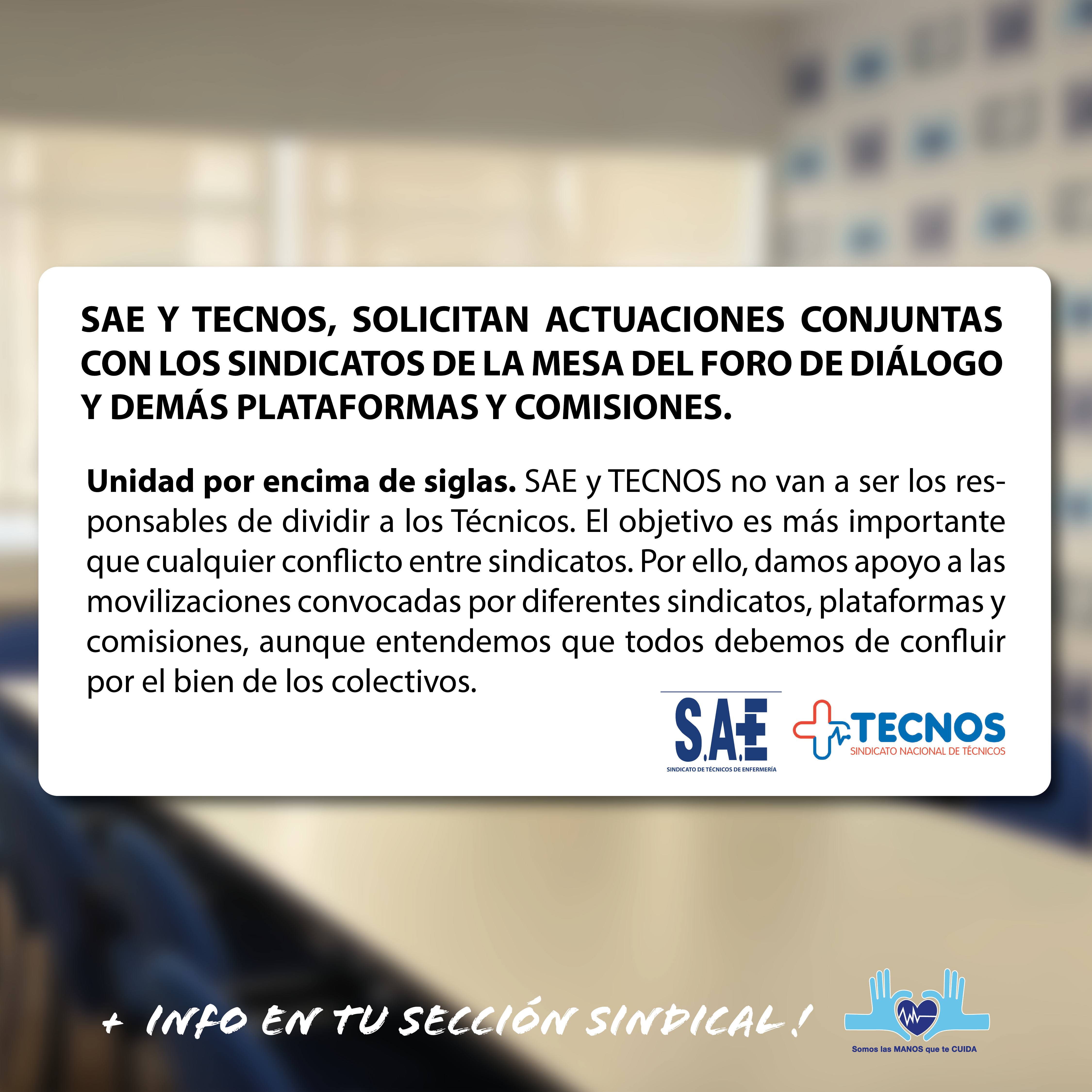 LOS SINDICATOS CORPORATIVOS MÁS REPRESENTATIVOS DE LOS COLECTIVOS PROFESIONALES TCE Y TSS, SAE y TECNOS, SOLICITAN ACTUACIONES CONJUNTAS CON LOS SINDICATOS DE LA MESA DEL FORO DE DIÁLOGO Y DEMÁS PLATAFORMAS Y COMISIONES.  